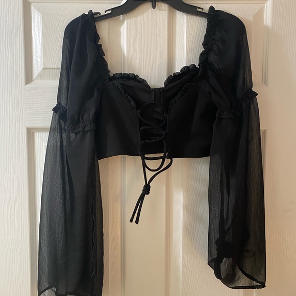 boho bohemian black feminine puff flowy sleeve corset style top sheer lace tie - Picture 4 of 7